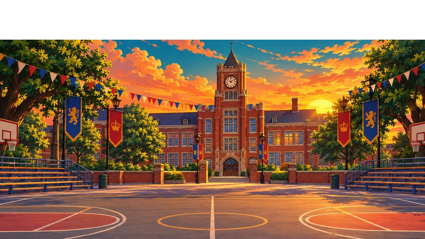 Schoolyard arena at sunset